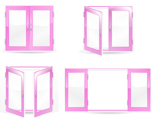 set of open and close pink windows isolated on white background