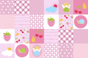Patchwork pattern with baby colors and objects; vector