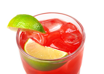 red coctail drink with ice cubs closeup