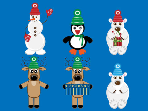 Set of funny animals and snowman