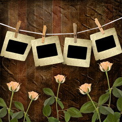 Grunge wooden background  with slides and beautiful rose