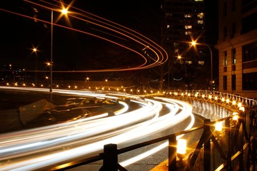 Light Trails in NYC, ramp to Brooklyn bridge in New York City at night.