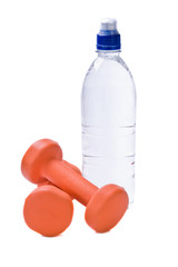 Bottle of water with fitness weights