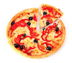 Pizza with olives and tomatoes closeup
