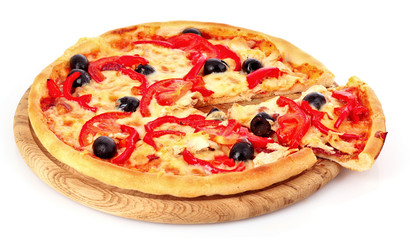 Pizza with olives on plate isolated on white