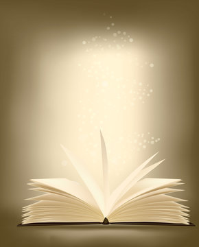 Opened magic book with magic light. vector illustration.