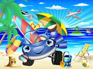 Gordijnen Auto Cartoon Vakantie en Reizen-Cartoon Auto Strand Achtergrond © BluedarkArt