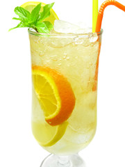 yellow lemonade drink with lemon and orange fruit