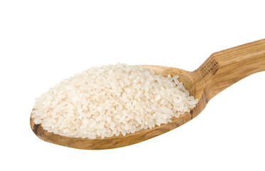 Fototapeta na wymiar raw rice seed in wooden spoon isolated on white