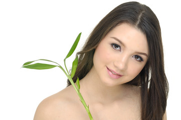 Close up the attractive girl holding green bamboo in her hands