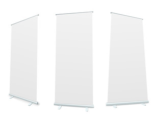 Roll-up blank white display realistic vector illustration.