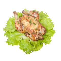 Grilled chicken with lettuce leaves, isolated on a white backgro