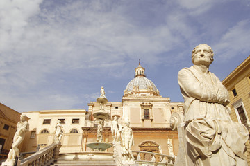 europa, italia, sicilia, palermo, fontana piazza pretoria - obrazy, fototapety, plakaty