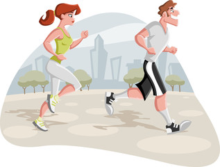 Obraz na płótnie Canvas Cartoon couple jogging in the city park