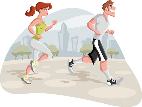 Cartoon couple jogging in the city park