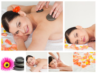 Obraz na płótnie Canvas Collage of a woman havin a stone massage in a spa