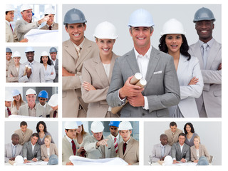 Collage of friendly construction people