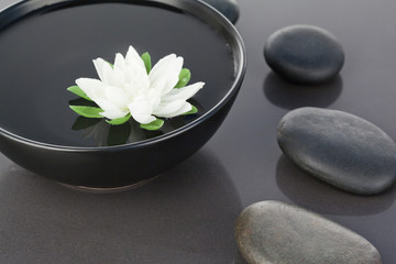 Obraz na płótnie Canvas White flower floating in a black bowl surrounded by black pebble