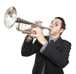 stylish jazz man playing the trumpet on white background