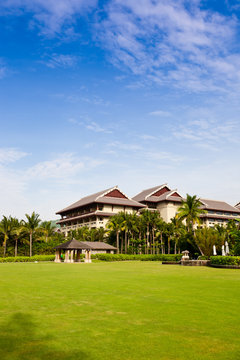 tropical resort hotel and lawns