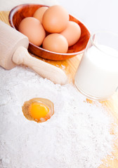 ingredients for dough. Egg in a flour