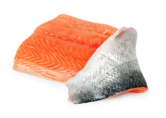 fresh uncooked salmon fillet over white . - obrazy, fototapety, plakaty
