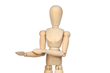 Jointed wooden mannequin with outstretched hand