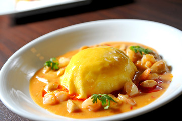 Eggs and vegetables Asian cuisine, a fried egg on rice