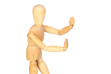 Jointed wooden mannequin pushing something