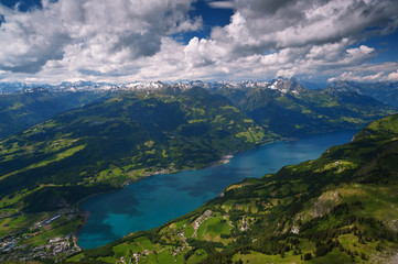Fototapeta na wymiar Alpine landscape with turquoise lake. Switzerland, Walensee