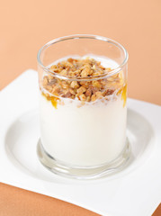 Dairy yogurt with the nuts in the glass