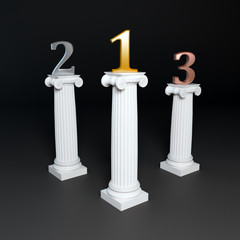 Three columns supporting golden, silver and bronze numbers.