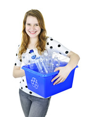 Young woman holding recycling box