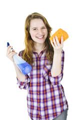 Smiling girl with cleaning supplies