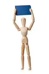 Wooden mannequin holding a business card isolated on white