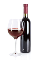 Bottle and glass with wine isolated on white