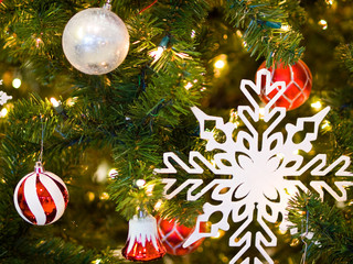 Red and White Christmas Ornaments on a Green Tree