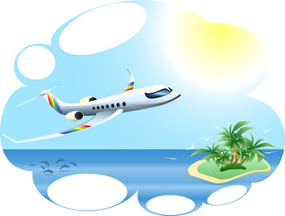 Fototapeta na wymiar Airplane is flying to the island