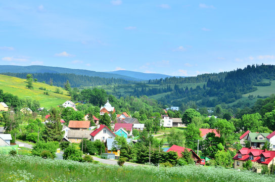 Fototapeta Mountain village (Komancza in Bieszczady, Poland)