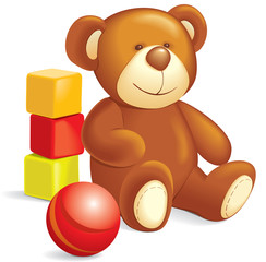 Toys - Teddy bear, cubes, ball. Vector illustration