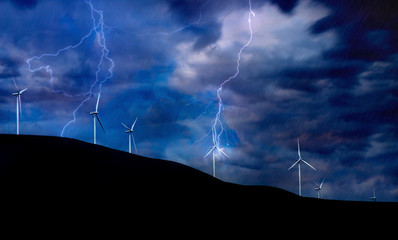Naklejka na ściany i meble Wind Turbines on Electric Storm