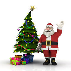 Cartoon Weihnachtsmann und Weihnachtsbaum mit Geschenken