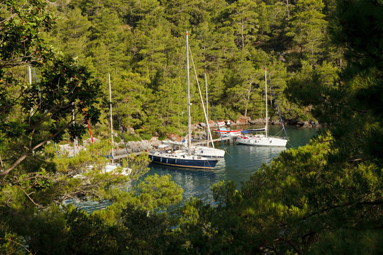 Sailboats moored in Sarsala Bay, Gocek.