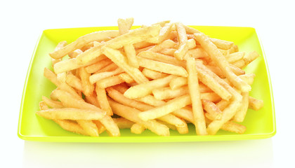 French fries in the pan isolated on white