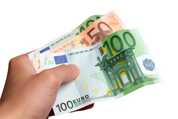Male hand holding euro money banknotes