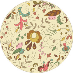 Ornamental circle with floral elements. Hand drawn illustration