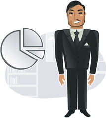 happy businessman next to pie chart