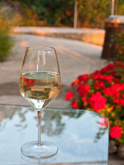 Glass of white wine on table