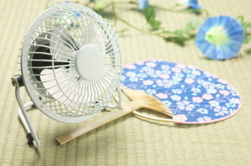 扇風機　うちわ　朝顔