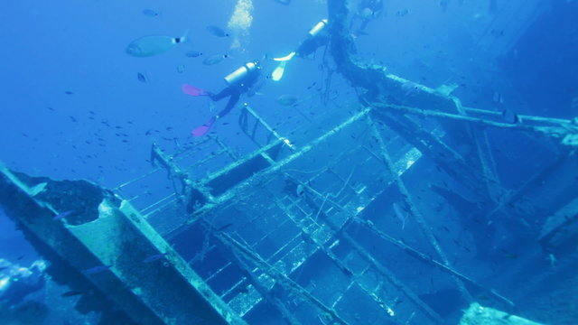 Divers exploring Zenobia shipwreck, Cyprus